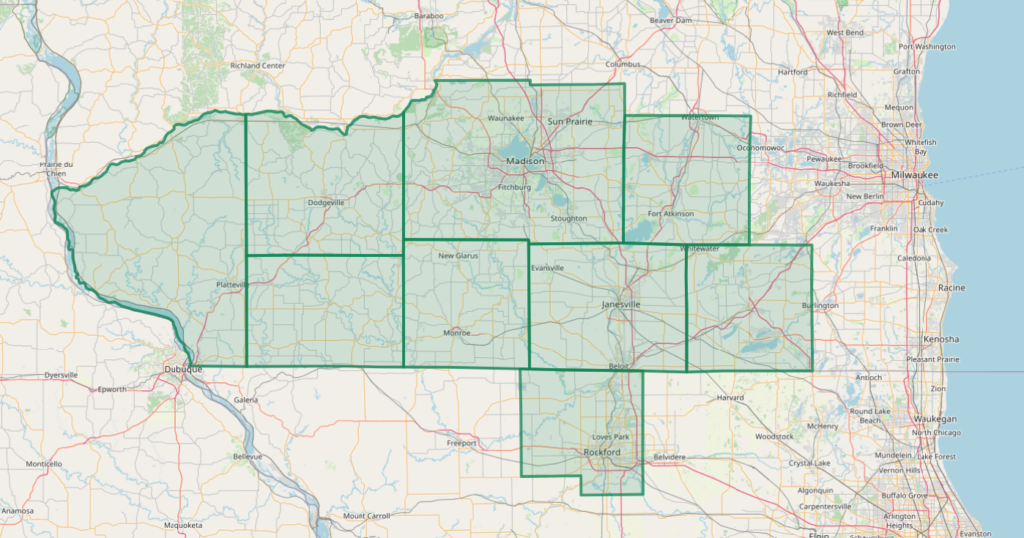 Rooster roofing service area map highlighting southern wisconsin cities and northern illinois